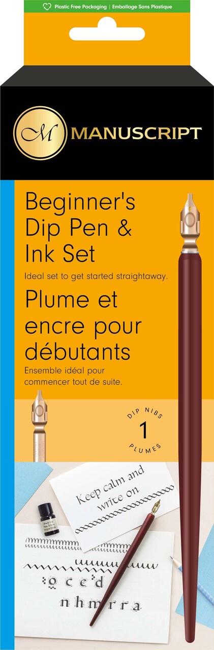 Manuscript Beginner's Dip Pen & Ink Set-Round Hand W/Holder & Black Ink